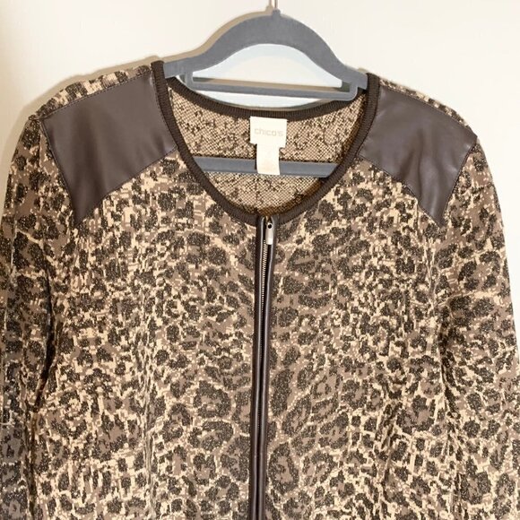 Chico's animal print zipper close long sleeve faux leather detail shirt cardigan - Picture 4 of 10